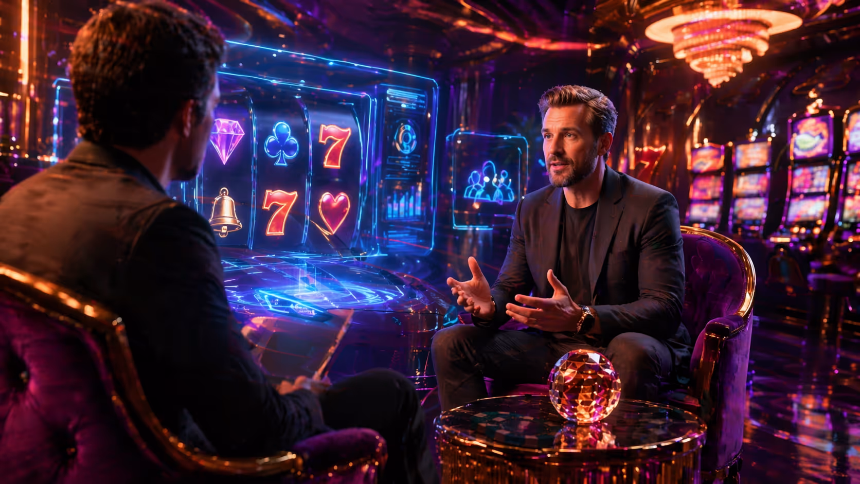 Futuristic slot developers discussing next-generation casino trends with passion